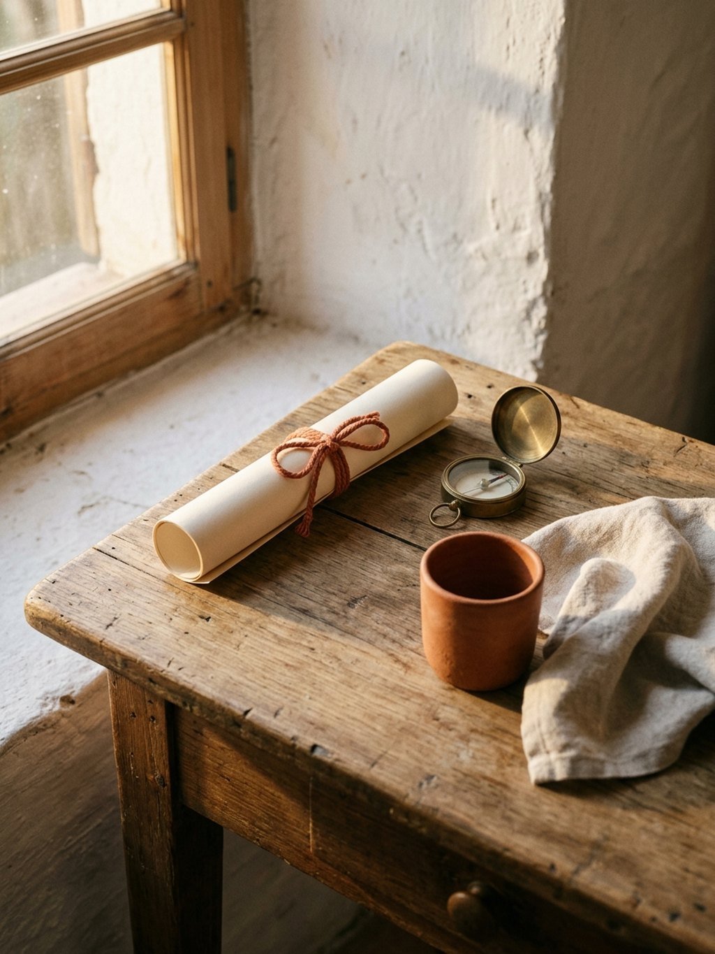 A round pale marble cafe table on a shaded Seville patio in late-afternoon light, holding a small terracotta cup of coffee, a folded cream linen napkin, a sprig of orange blossom and a plain closed notebook, with a whitewashed wall and a wrought-iron balcony behind.