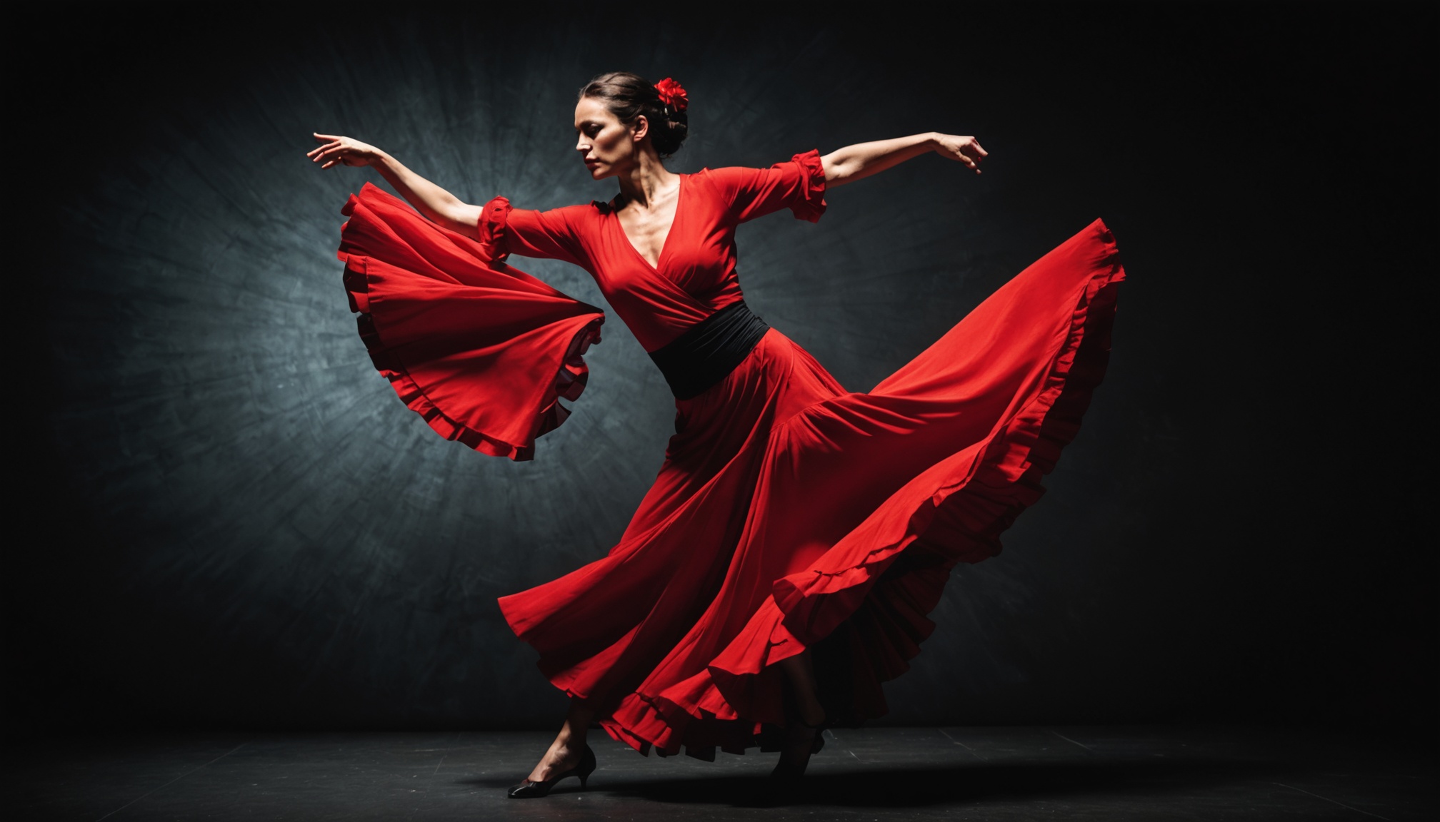 Flamenco dancer in red flowing dress dramatic performance