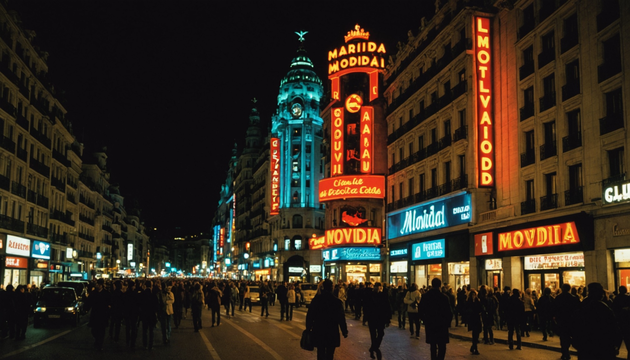 Madrid vibrant nightlife neon lights street scene La Movida cultural movement 1980s