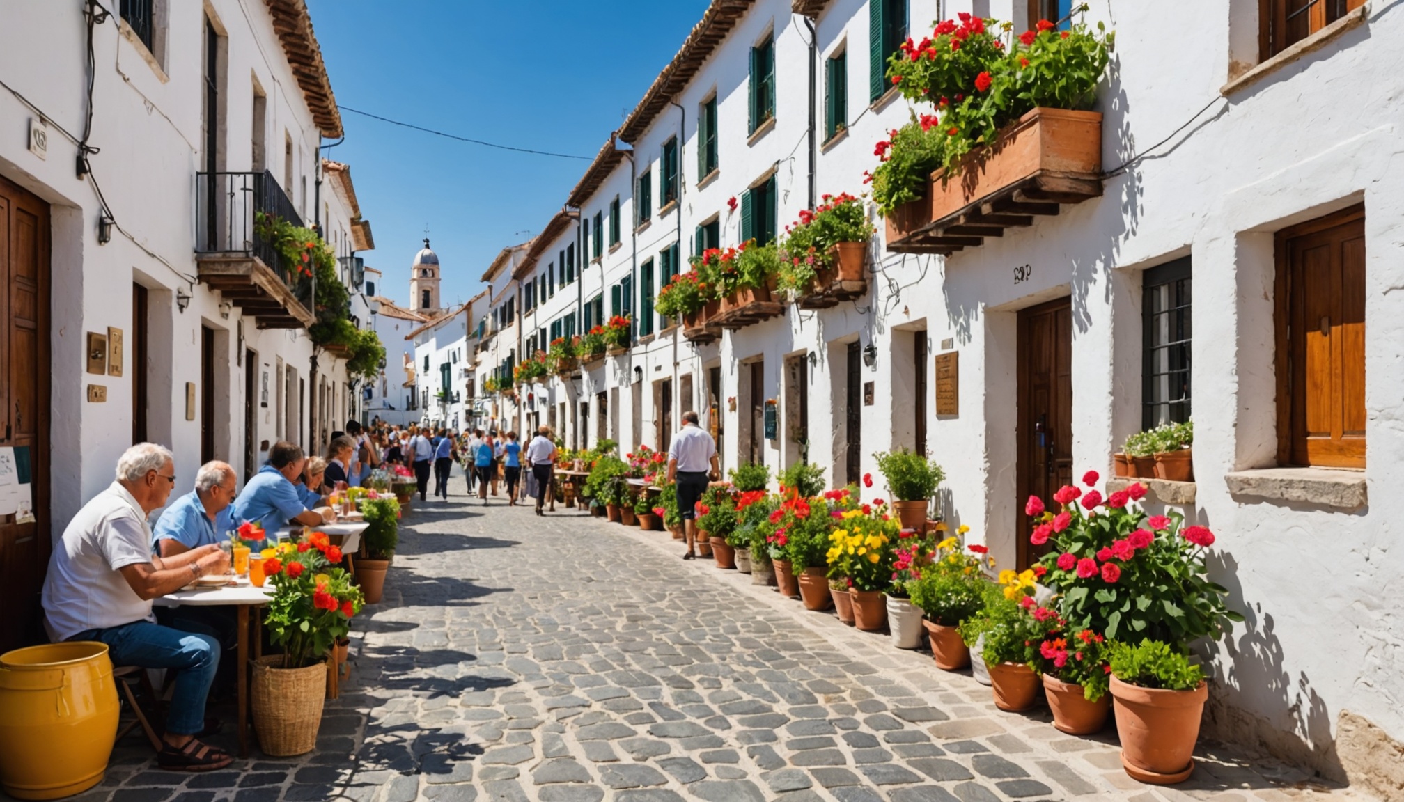 Colourful Spanish street festival with white buildings and flower pots