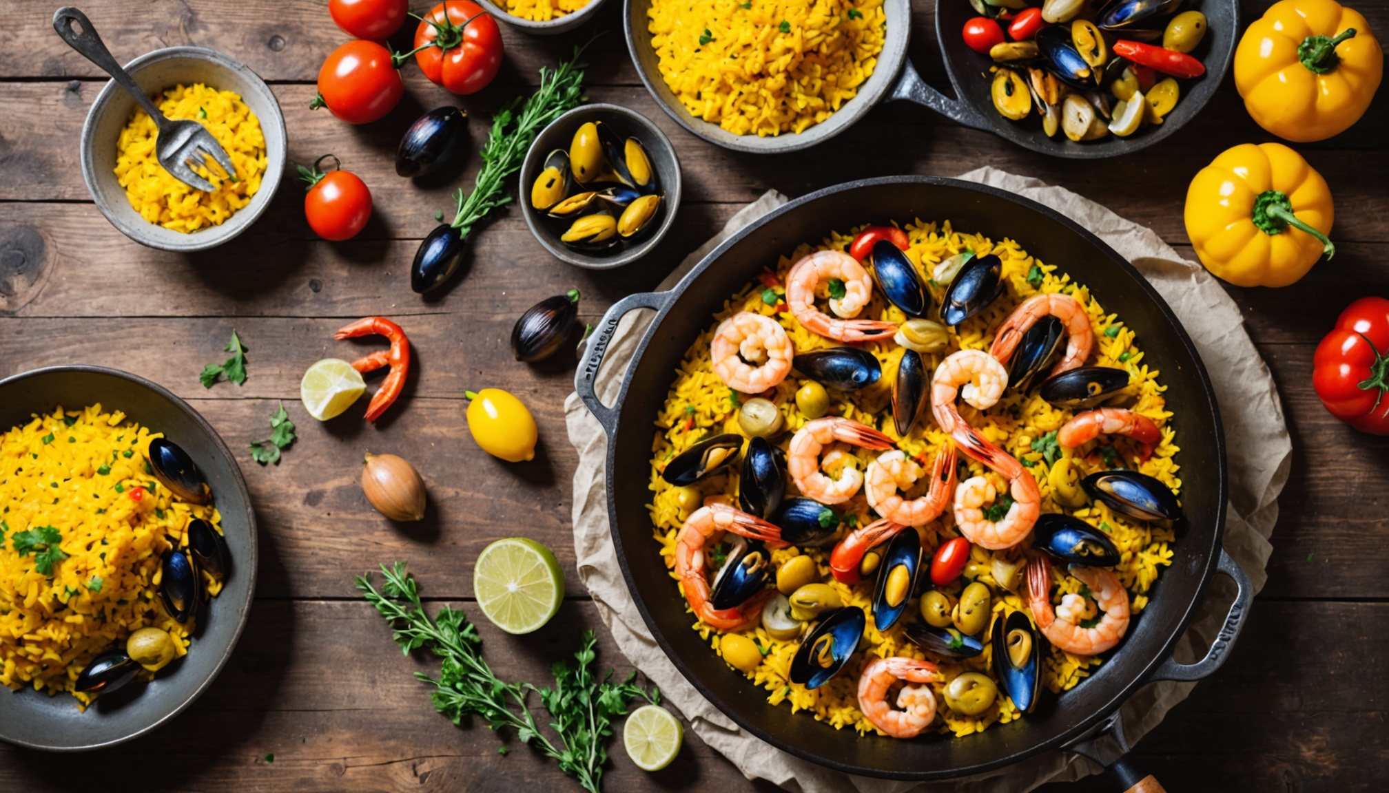 Traditional Spanish paella with saffron rice and seafood on wooden table