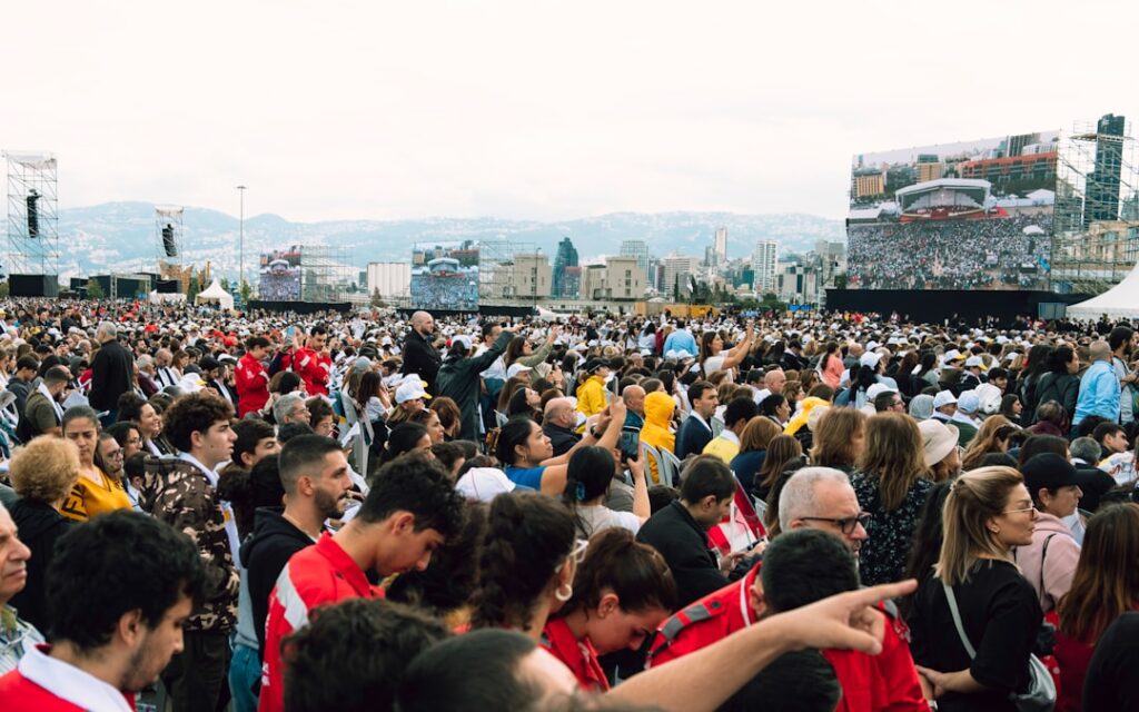 Crowds dressed in red and white at the San Fermín festival in Pamplona, Spain