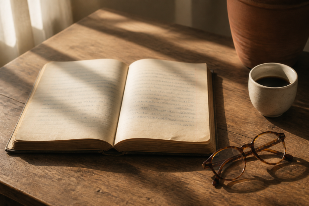 Spanish grammar notebook open on a sunlit wooden desk beside reading glasses and coffee