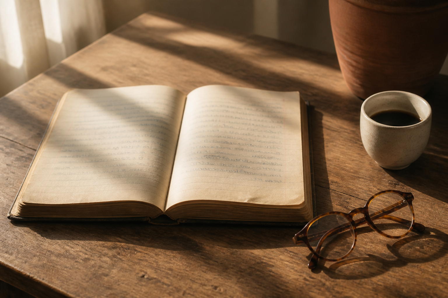 Spanish grammar notebook open on a sunlit wooden desk beside reading glasses and coffee