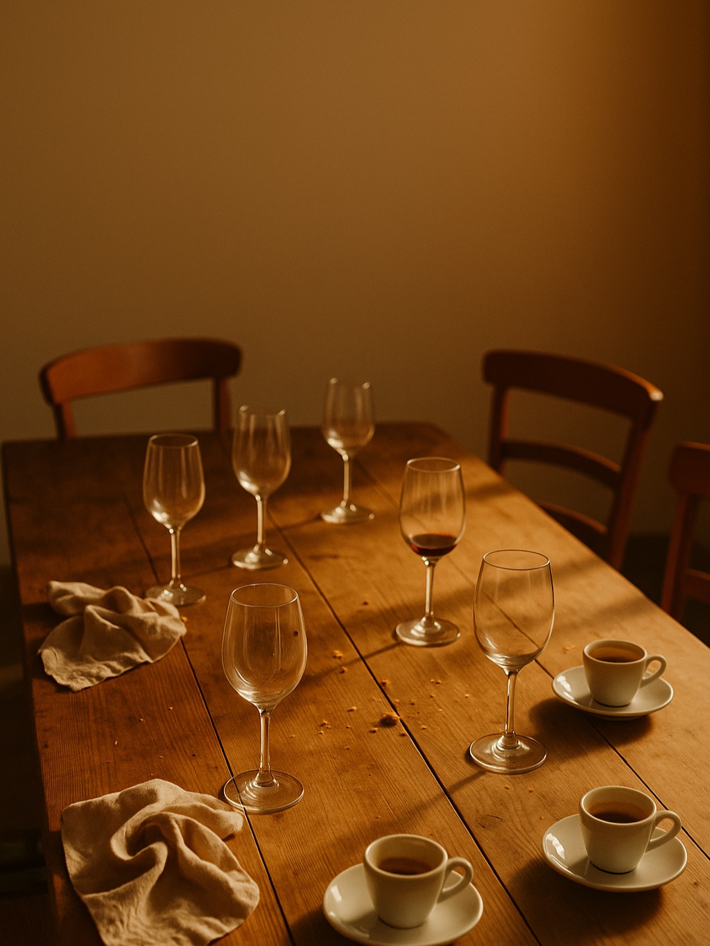 A long wooden table after a Spanish lunch, glasses and coffee cups left behind in late afternoon light