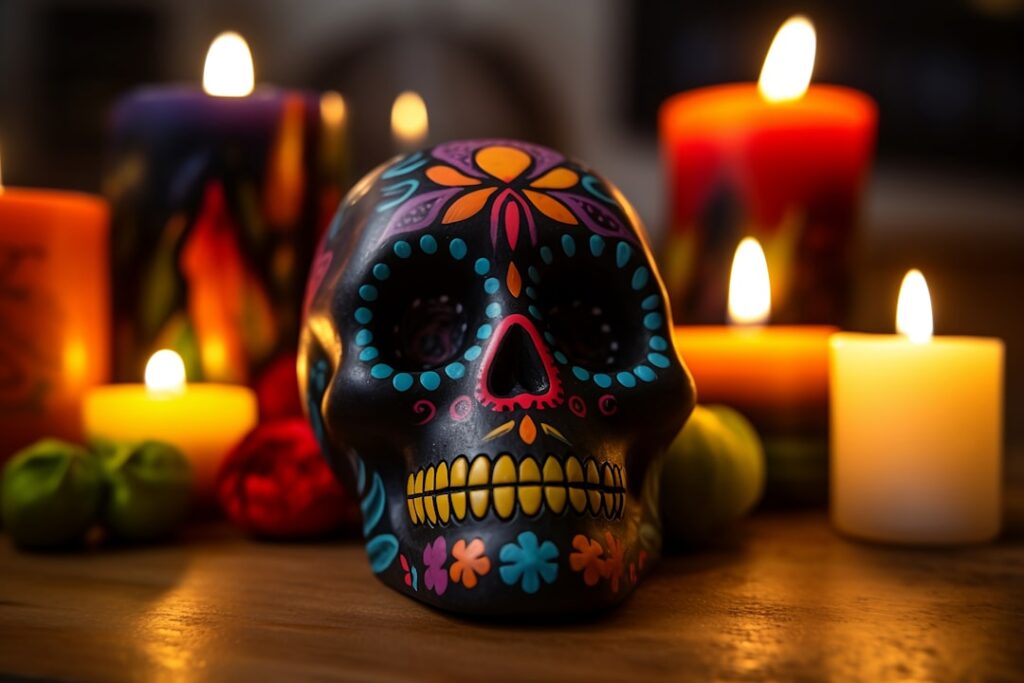 Marigold petals and candles on a Día de los Muertos ofrenda in Mexico