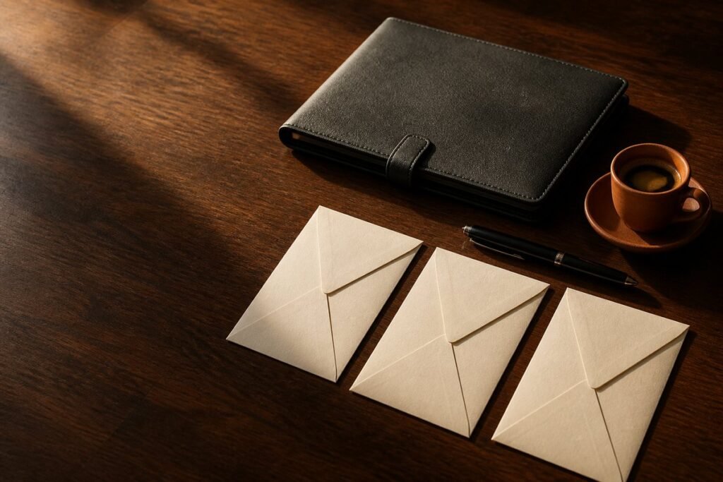 A closed charcoal leather document folio, a black fountain pen, three blank sealed cream envelopes and a small terracotta espresso cup on a dark wood desk in late afternoon light