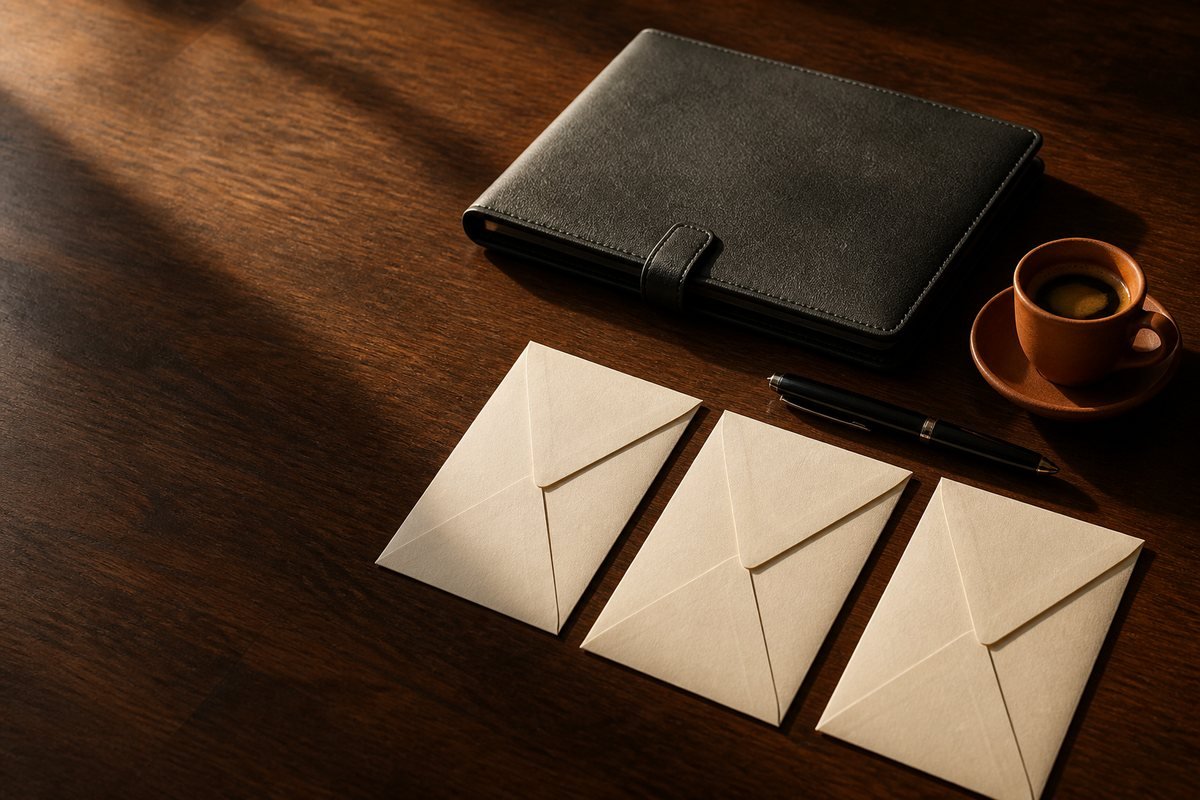 A closed charcoal leather document folio, a black fountain pen, three blank sealed cream envelopes and a small terracotta espresso cup on a dark wood desk in late afternoon light