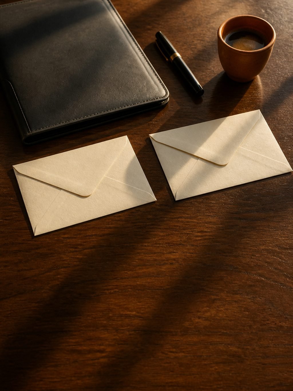 A closed charcoal leather folio, a black fountain pen, two blank sealed cream envelopes and a terracotta espresso cup on a dark wood desk in warm late-afternoon light