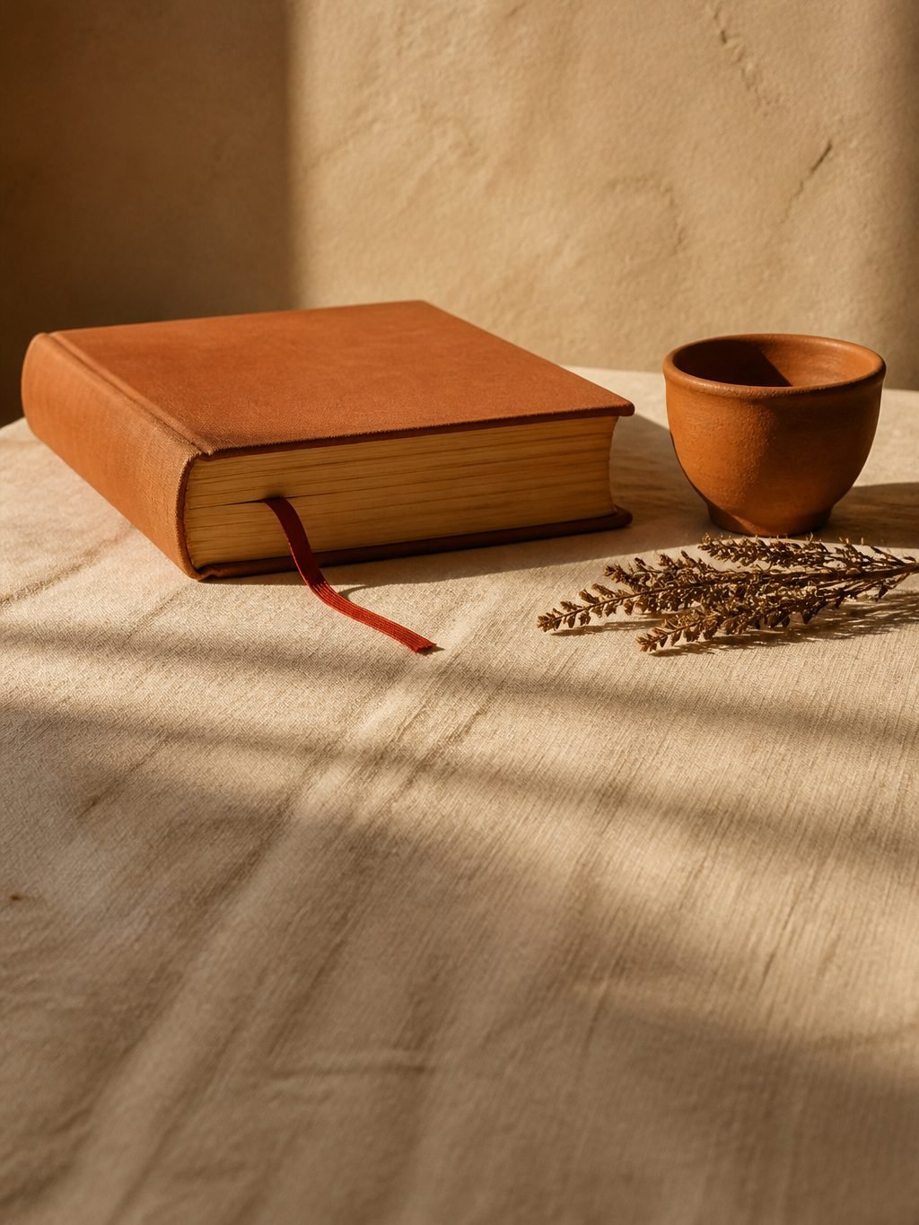 A closed terracotta cloth-bound book seen edge-on beside a small clay cup and dried herbs on cream linen, in low golden late-afternoon light