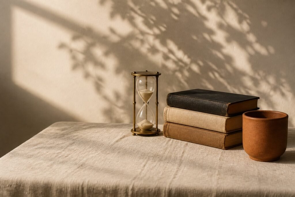 An hourglass, a stack of old cloth books and a terracotta cup on a linen table in warm light