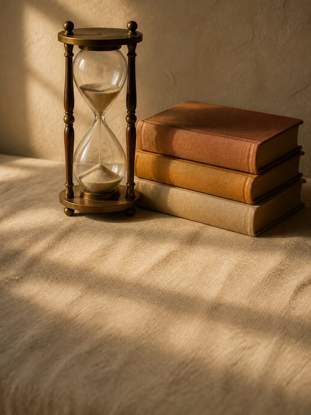 An old brass hourglass beside a stack of worn cloth-bound books on cream linen, lit by warm late-afternoon window light