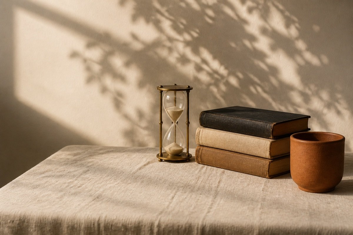 An hourglass, a stack of old cloth books and a terracotta cup on a linen table in warm light