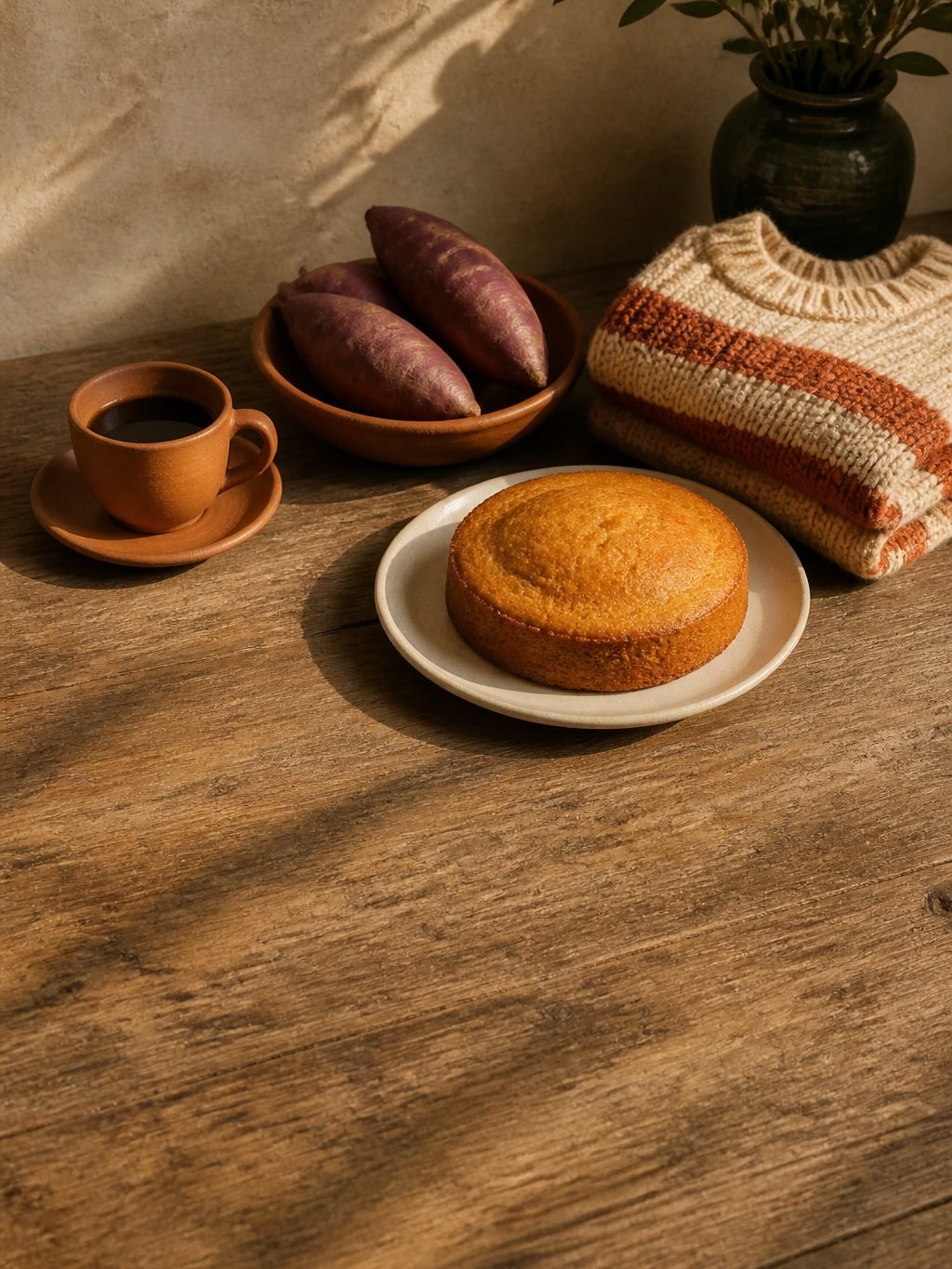 A cup of black coffee, a bowl of purple sweet potatoes, a folded striped knitted sweater and a round golden cake on a sunlit wooden table