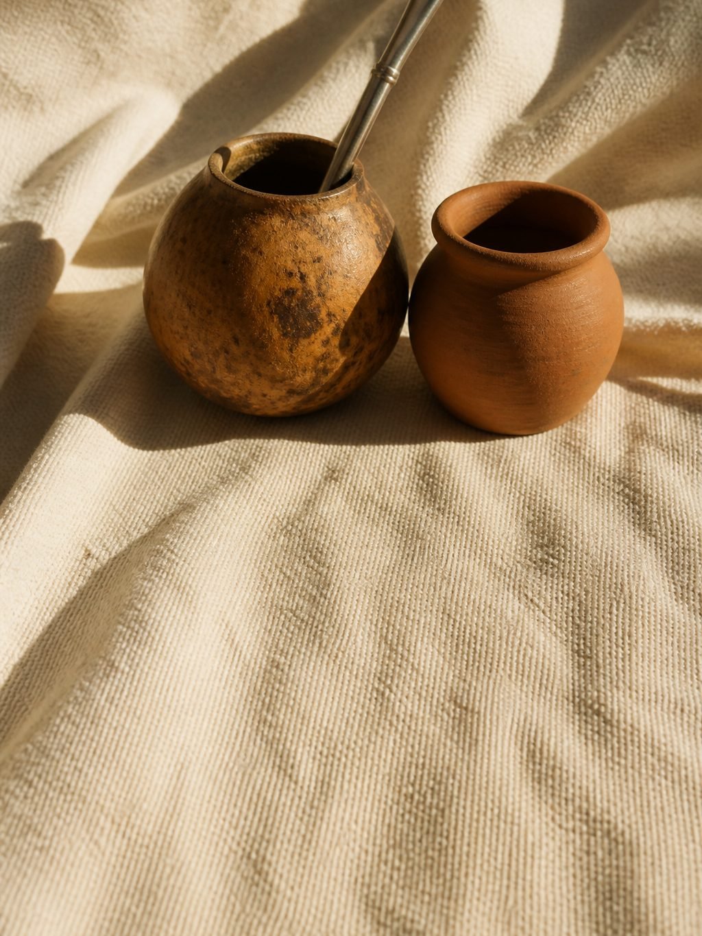 A calabash mate gourd with a metal straw beside a small terracotta clay pot on cream woven cloth, in warm late-afternoon light