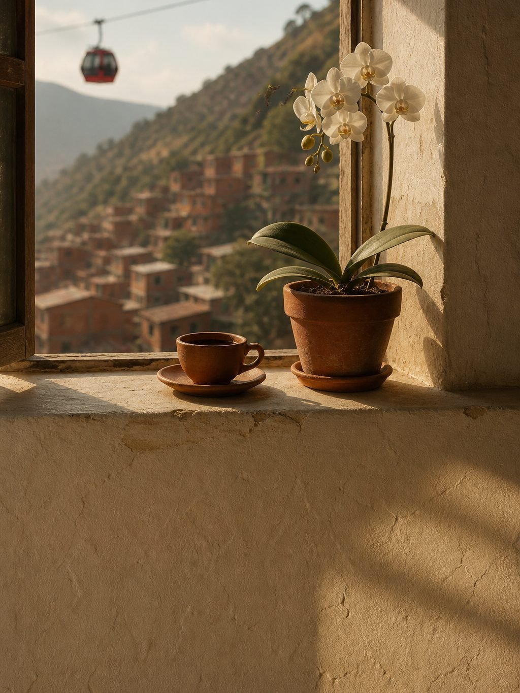 A terracotta cup of black coffee and a white orchid on a sunlit windowsill, looking out at a hillside of red-brick houses with a red cable car gondola