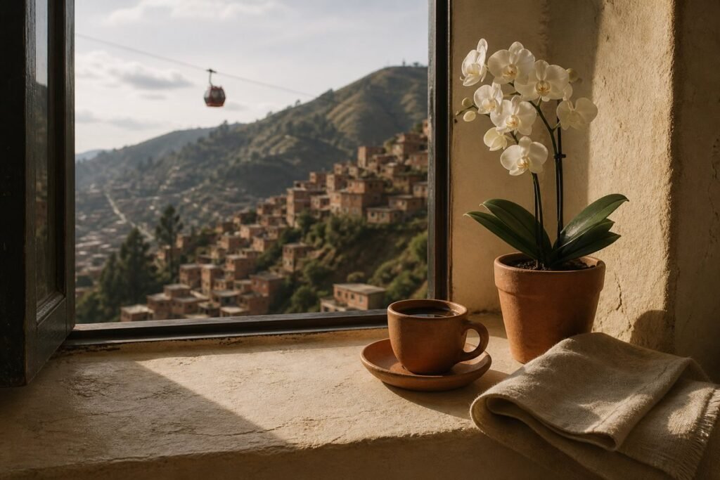 A terracotta cup of black coffee and a white orchid on a sunlit windowsill, looking out at a hillside of red-brick houses in Medellin with a red cable car gondola in the sky