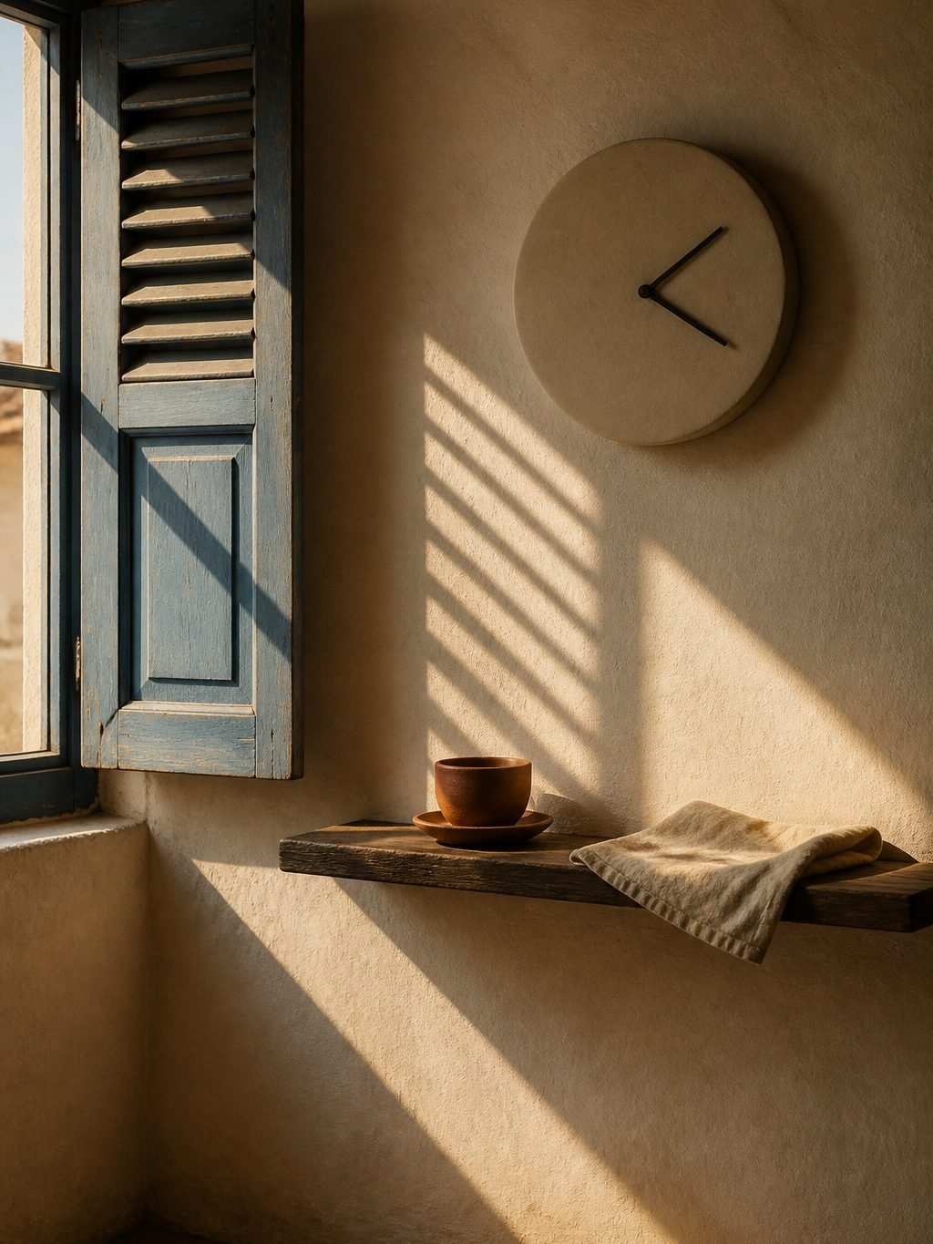 A sunlit cream plaster wall with a blank-faced wall clock, a weathered blue wooden shutter and a long late-afternoon shadow falling across a narrow shelf