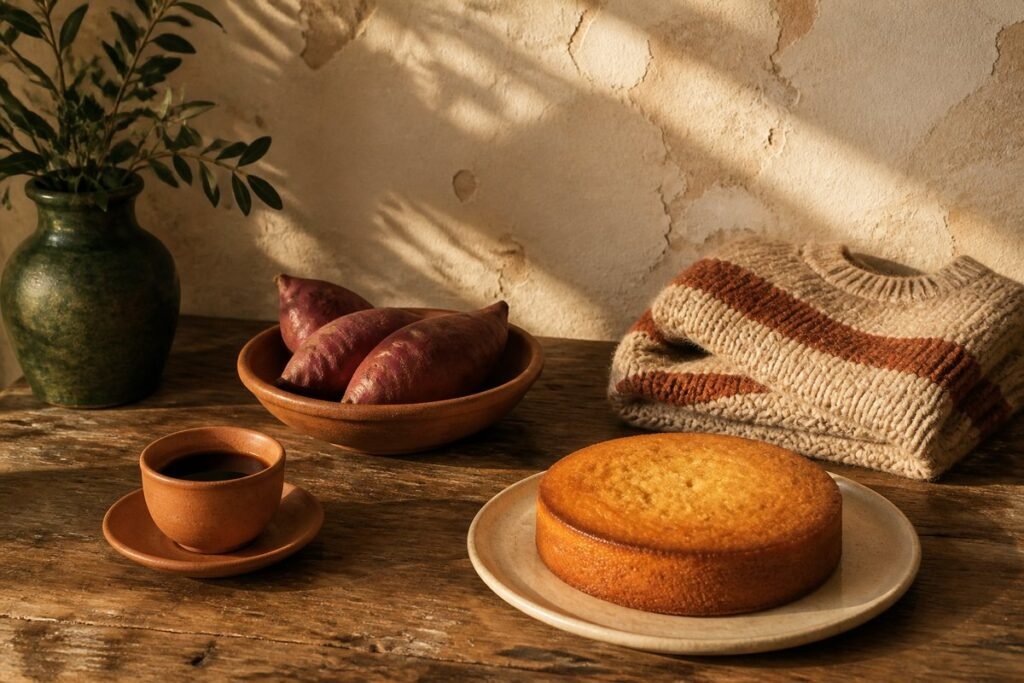 A cup of black coffee, a bowl of purple sweet potatoes, a folded striped knitted sweater and a round golden cake on a sunlit wooden table
