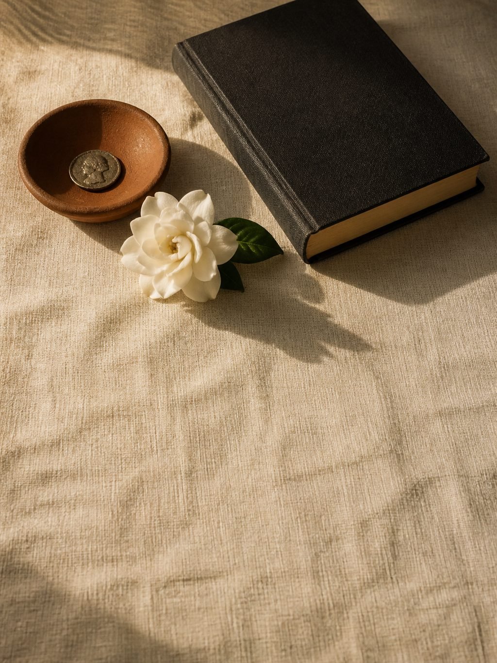 A small terracotta dish holding one old silver coin, a white gardenia and a closed charcoal clothbound book on a cream linen tablecloth in warm late-afternoon light