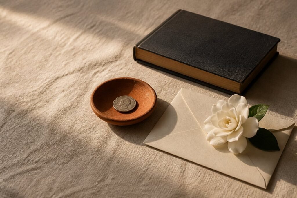 A small terracotta dish holding one old silver coin, a cream envelope with a white gardenia resting on it, and a closed charcoal clothbound book on a cream linen tablecloth