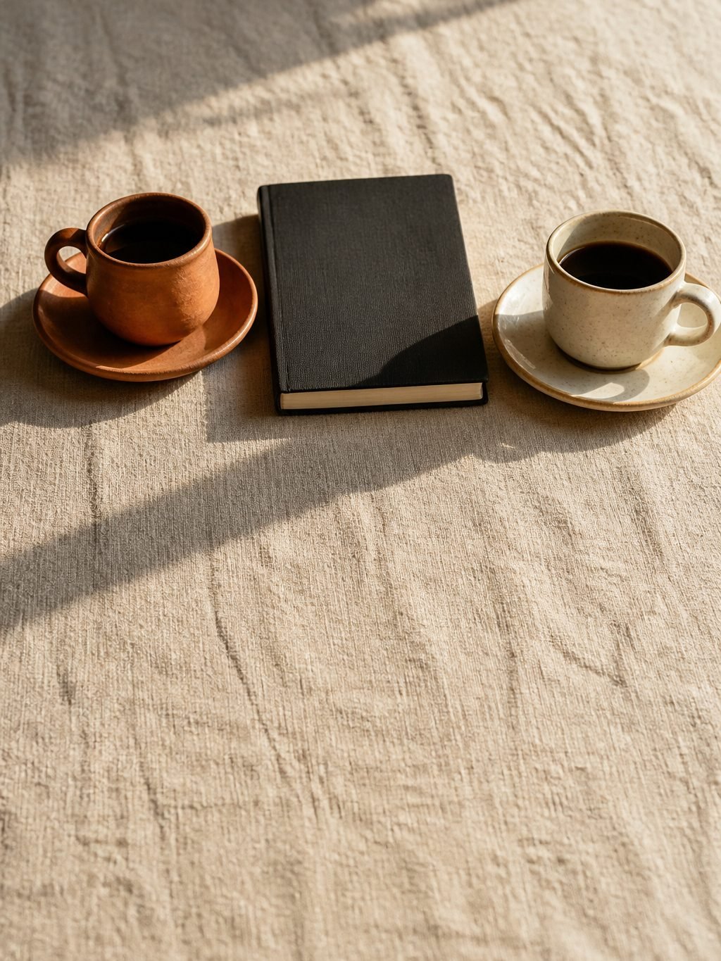 Two small coffee cups, one terracotta and one cream, facing each other on a cream linen tablecloth with a closed charcoal notebook between them, in warm late-afternoon light