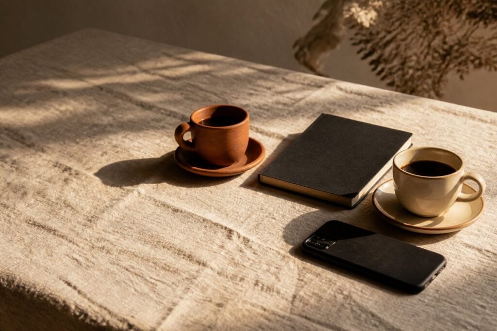 Two small coffee cups, one terracotta and one cream, facing each other across a cream linen tablecloth, with a closed charcoal notebook between them and a phone lying face down