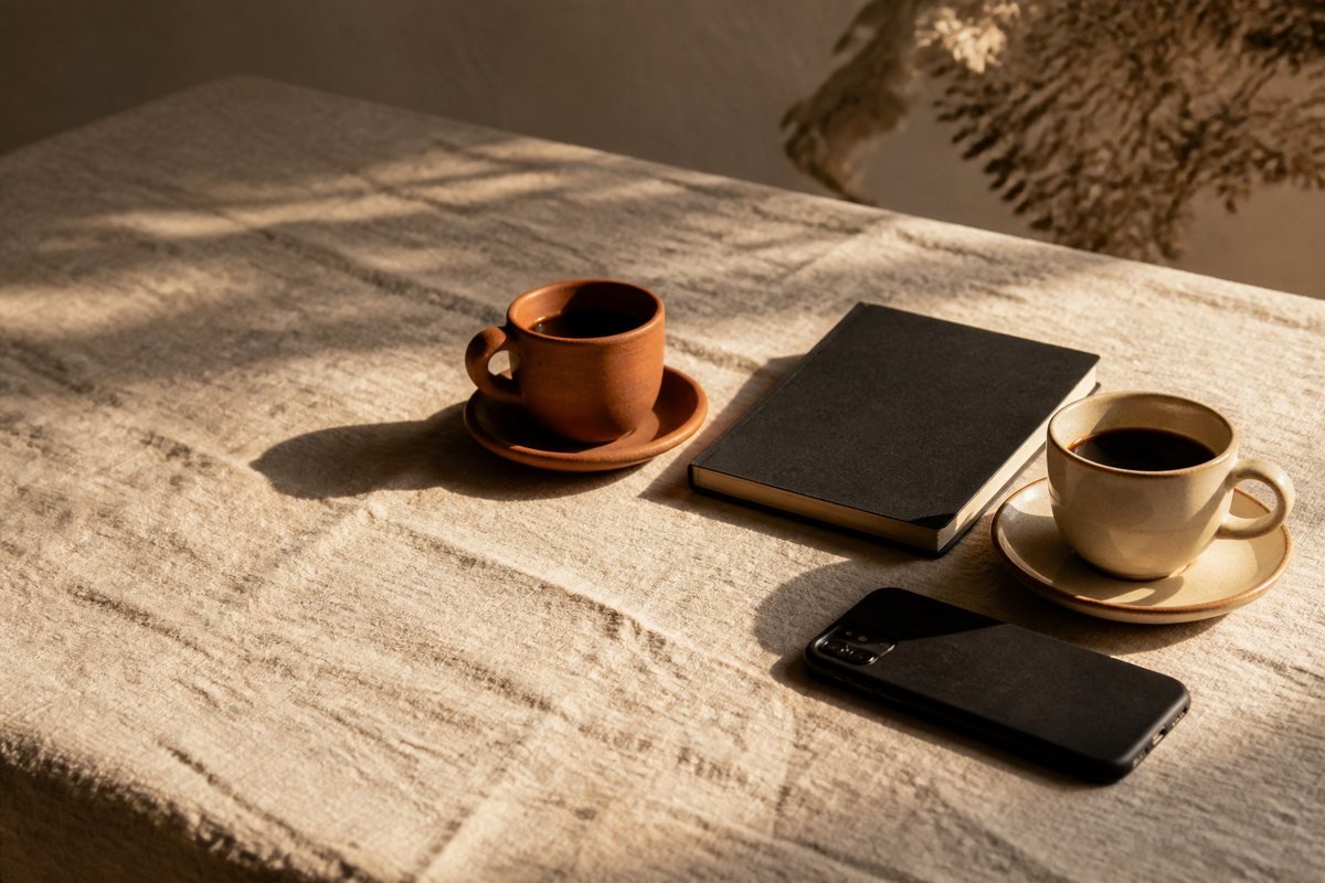 Two small coffee cups, one terracotta and one cream, facing each other across a cream linen tablecloth, with a closed charcoal notebook between them and a phone lying face down