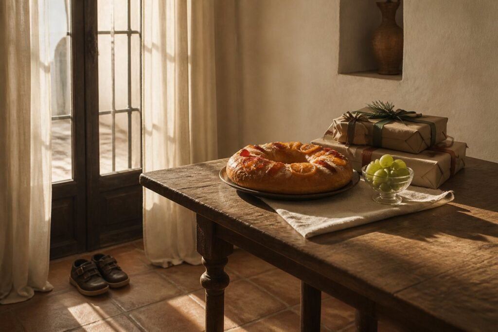 A roscón de Reyes, a bowl of green grapes and wrapped presents on a wooden table, with a pair of children's shoes by the window