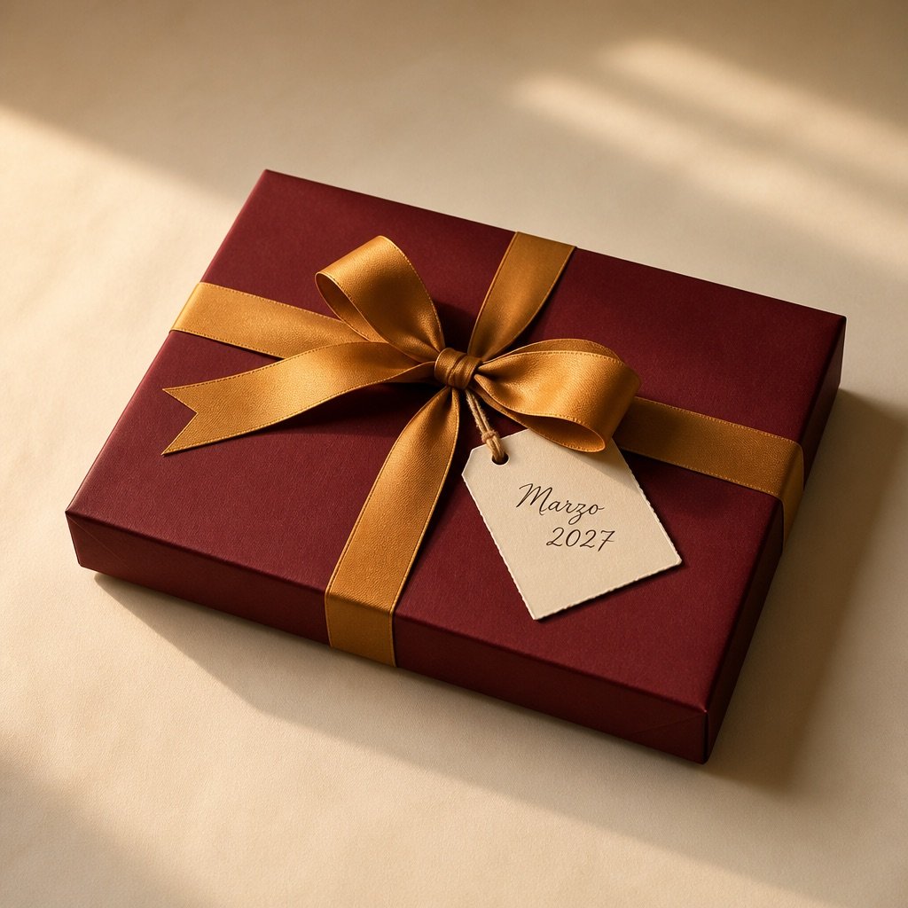 A gift-wrapped magazine with a tag that says Marzo 2027