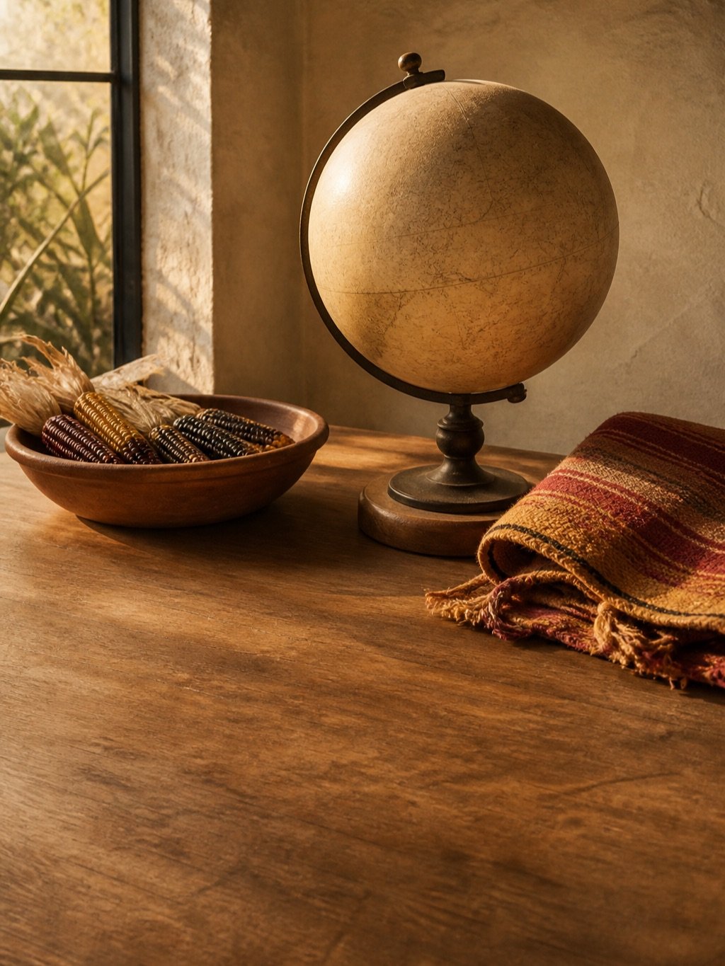 A plain antique globe on a sunlit wooden table beside a terracotta bowl of dried multicoloured corn