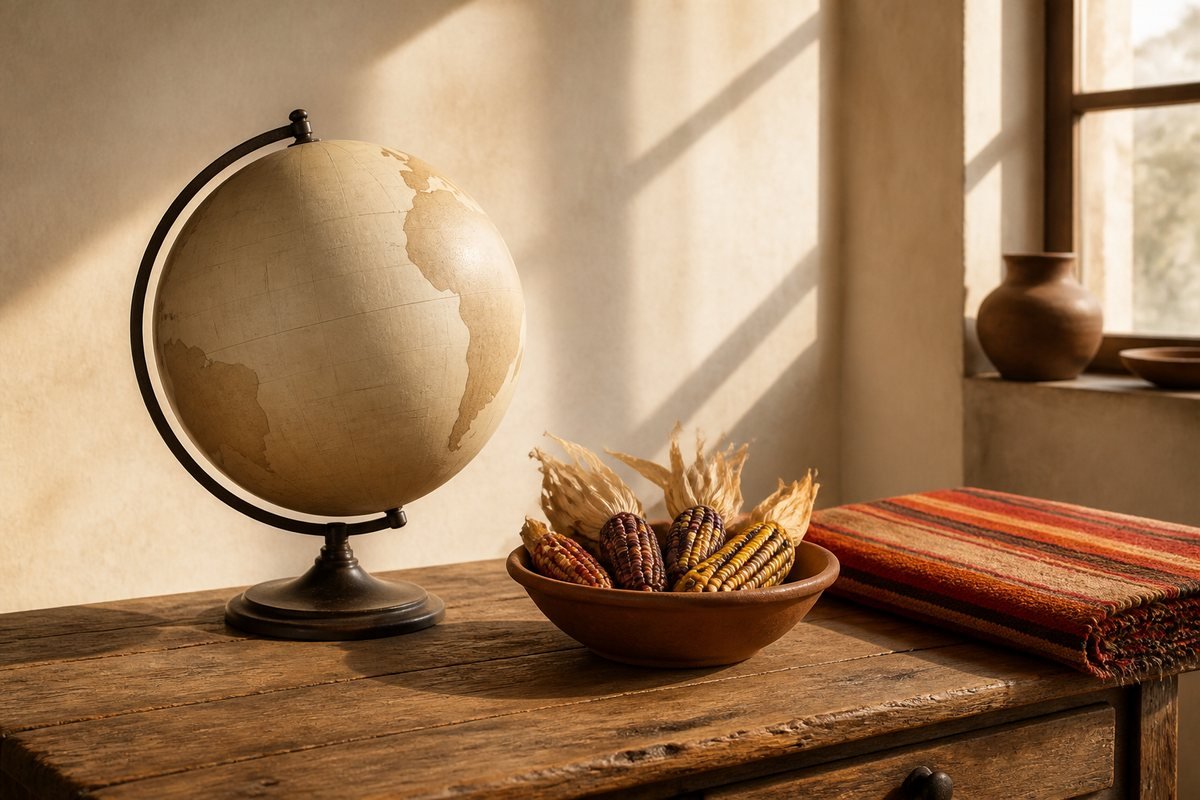 A plain antique globe on a wooden table by a sunny window, beside a terracotta bowl of multicoloured corn cobs and a striped woven textile