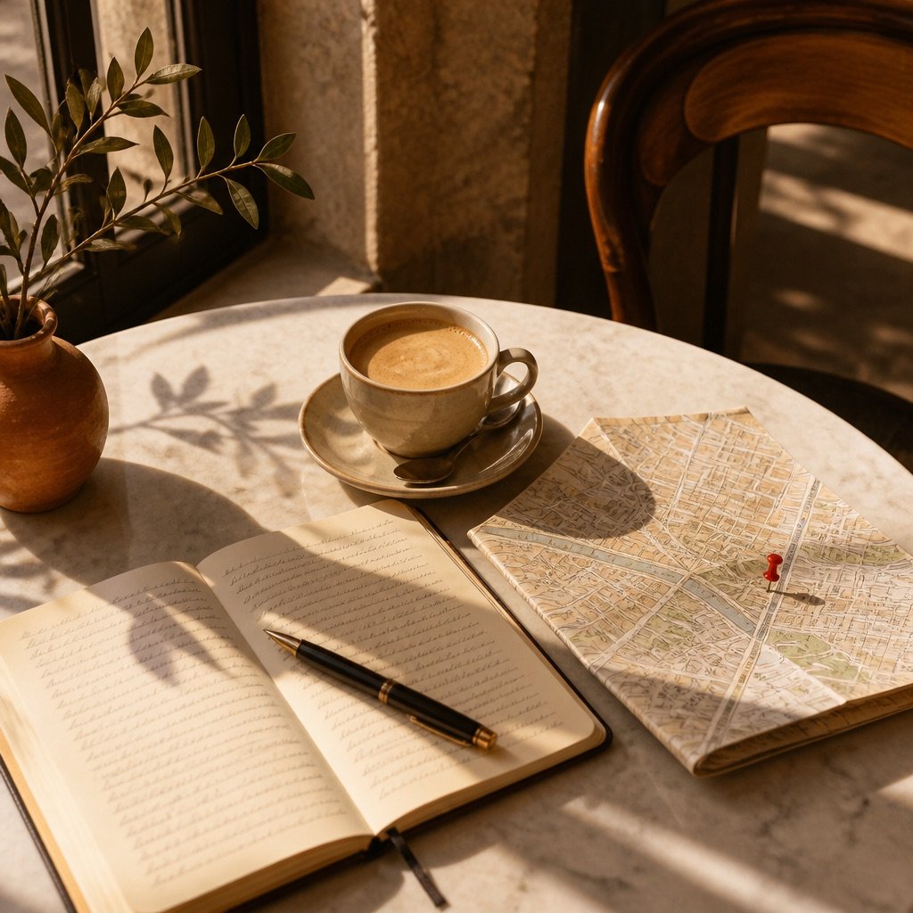 A café table by a sunny window with an open notebook, a pen, a café con leche and a city map with one red pin