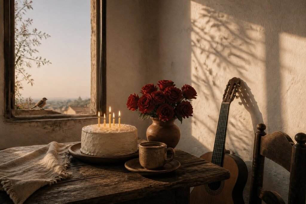 A birthday cake with lit candles, red roses in a clay vase and a guitar by a window at dawn, with a small bird on the ledge