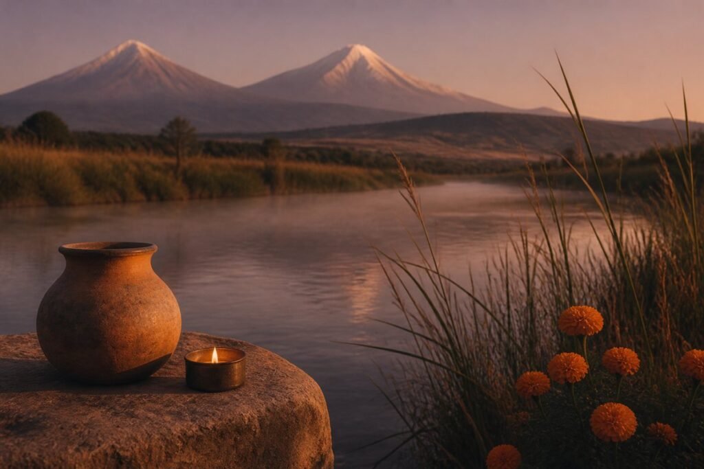 A clay jar and a lit candle on a stone by a misty river at dusk, with marigolds in the reeds and two snow-capped volcanoes in the distance
