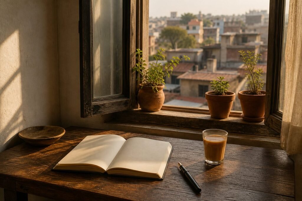 An open blank notebook, a fountain pen and a glass of milky tea on a wooden table by a window over sunlit city rooftops