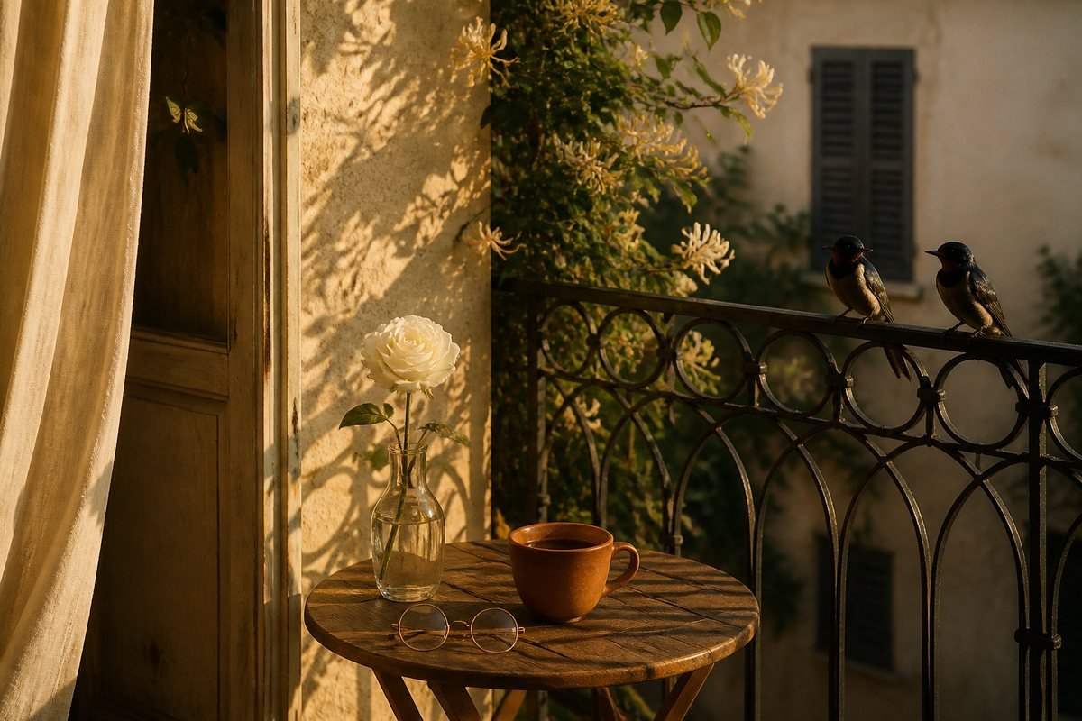 A white rose in a glass vase, reading glasses and a terracotta cup of coffee on a sunny balcony table, with two swallows on the iron railing