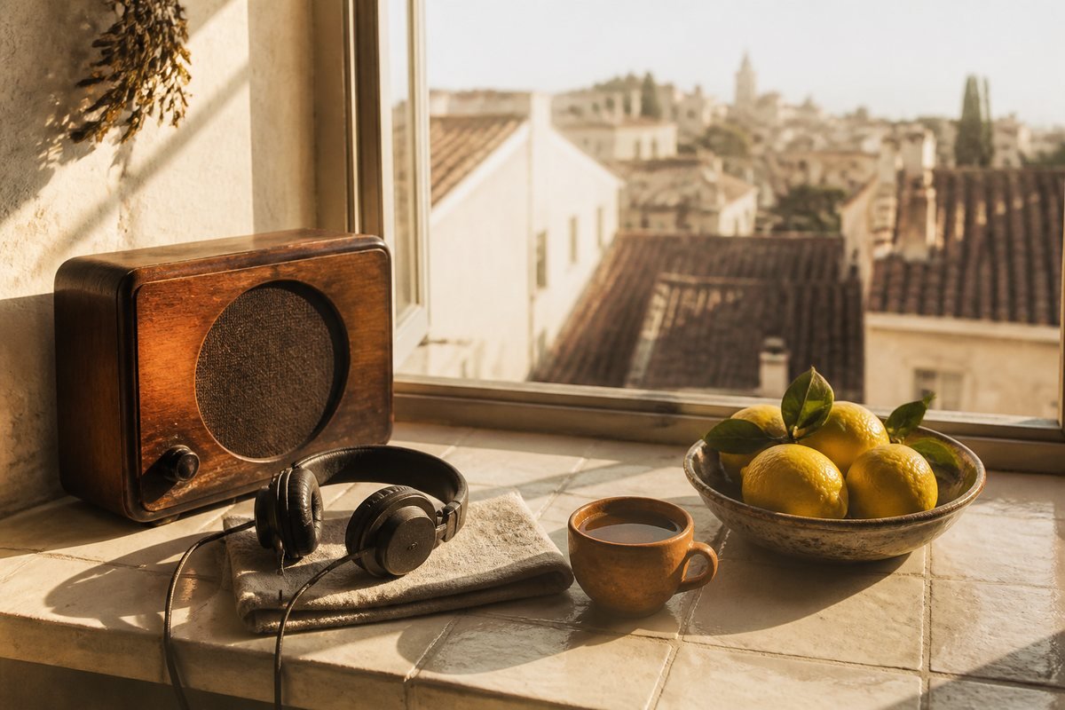An old wooden radio, vintage headphones, a terracotta cup of coffee and a bowl of lemons on a sunny tiled windowsill above tiled rooftops