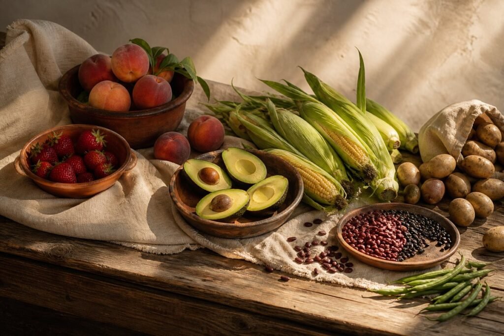 Halved avocados, ears of corn, beans, peaches, strawberries, potatoes and green beans on a rustic wooden market table