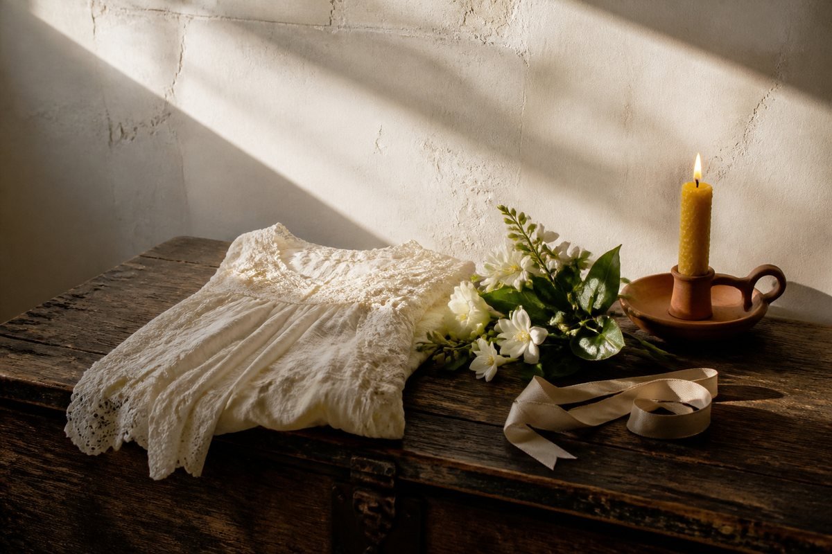 A folded cream lace christening gown, white jasmine, a lit beeswax candle in a terracotta holder and a ribbon on an old wooden chest