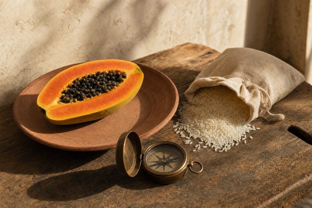 A halved papaya on a clay plate, rice spilling from a linen bag and an old brass compass on a wooden table
