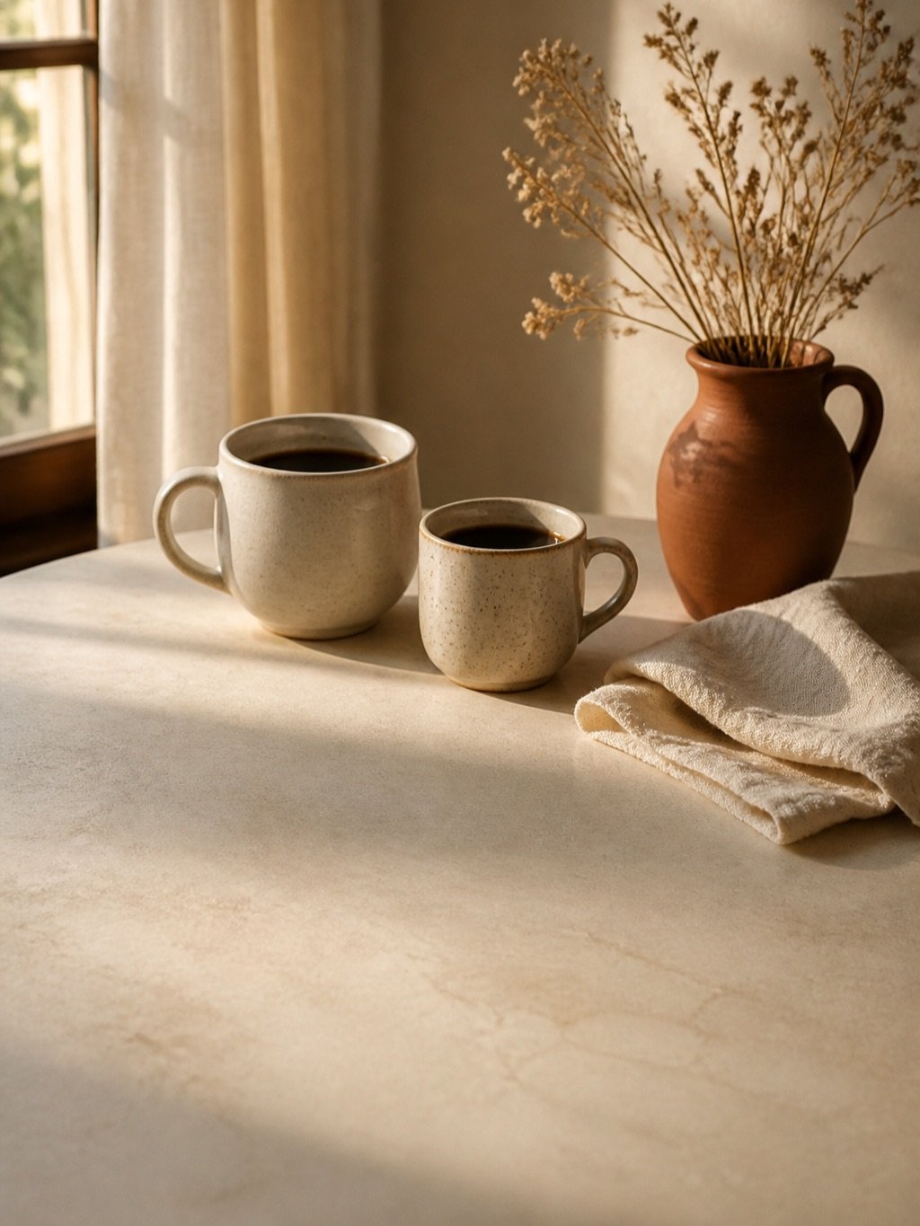 Two cream ceramic coffee cups, one larger than the other, on a sunlit table beside dried flowers in a terracotta jug