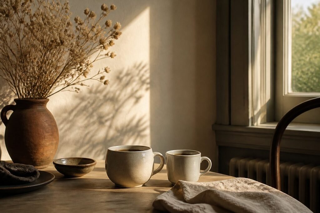 Two cream ceramic coffee cups, one larger than the other, on a table by a sunny window beside dried flowers in a terracotta jug