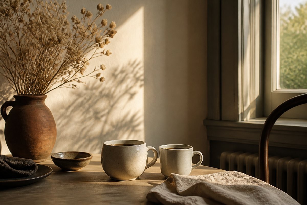 Two cream ceramic coffee cups, one larger than the other, on a table by a sunny window beside dried flowers in a terracotta jug