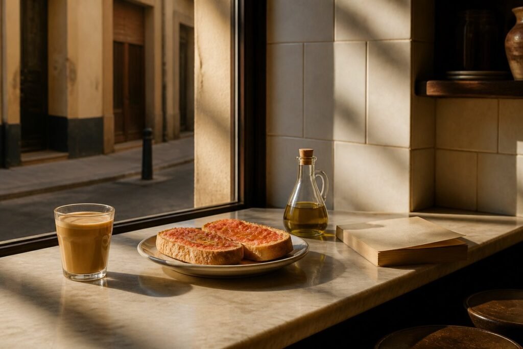 A glass of milky coffee, toast with tomato and olive oil, and a paperback book on a marble cafe counter by a sunny window