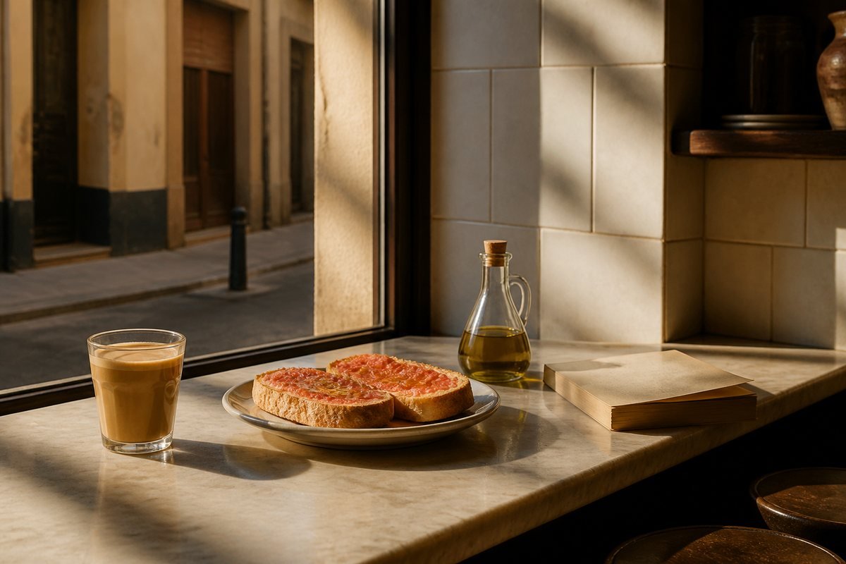 A glass of milky coffee, toast with tomato and olive oil, and a paperback book on a marble cafe counter by a sunny window