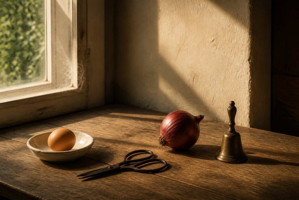An egg in a small white dish, old iron scissors, a red onion and a brass bell on a wooden table by a sunny window