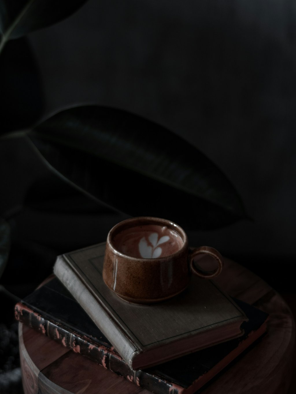 A terracotta mug of coffee resting on two old hardback books on a round wooden table, with a dark leaf behind