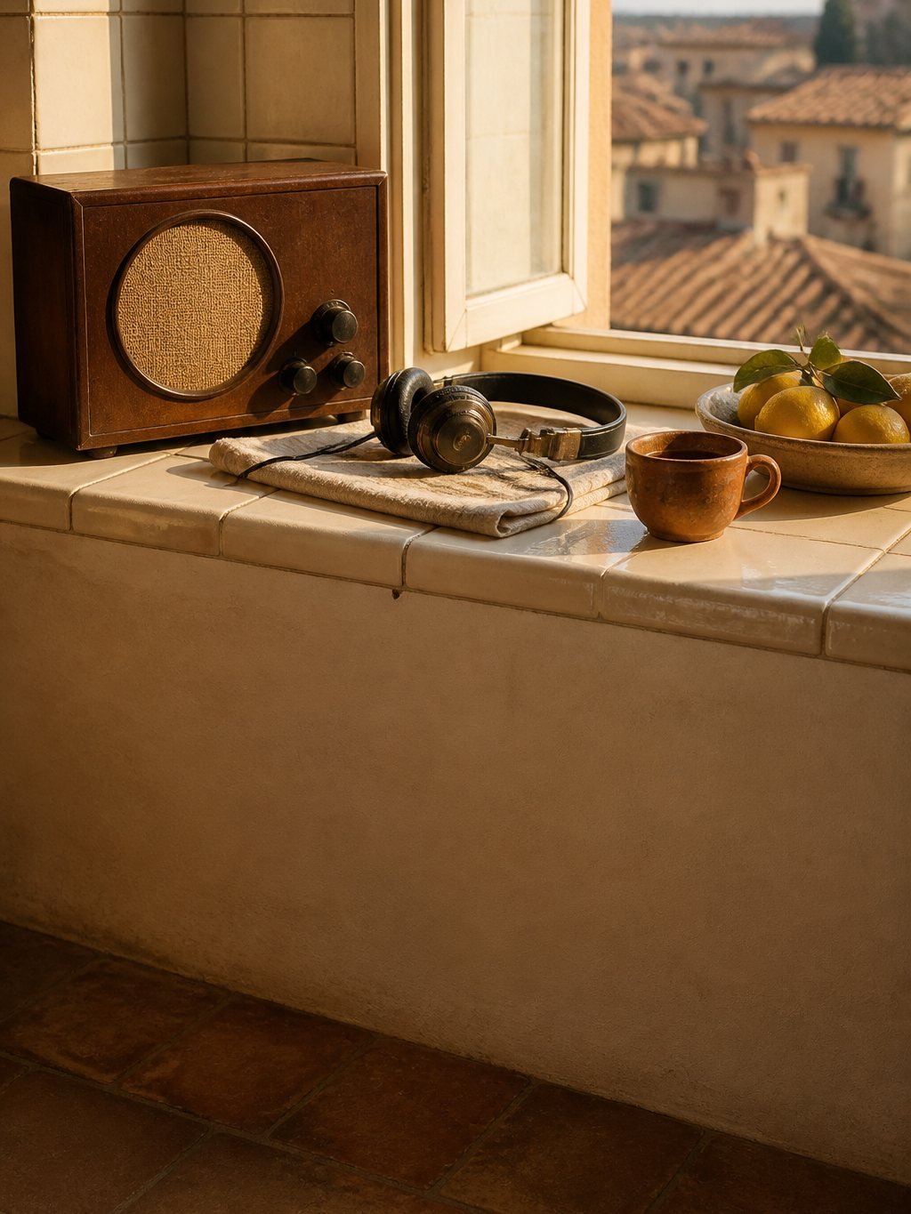 An old wooden radio, vintage headphones, a terracotta cup of coffee and a bowl of lemons on a sunny tiled windowsill