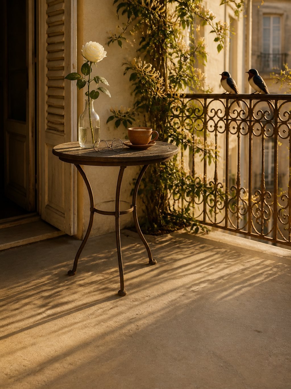 A white rose in a glass vase, reading glasses and a cup of coffee on a sunny balcony table, with two swallows on the iron railing